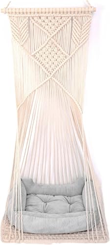 Sdjazl Makramee-Hängematte, Bett, Katzenschaukelhaus, platzsparende Fensterstange mit gewaschener Baumwolle, Katzenspielzeug, Quastenkorb, Wandteppich (Beige, Schaukelbett + Kissen, XL) von Sdjazl
