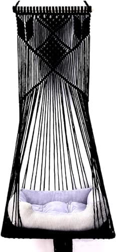 Sdjazl Makramee-Hängematte, Bett, Katzenschaukelhaus, platzsparende Fensterstange mit gewaschener Baumwolle, Katzenspielzeug, Quastenkorb, Wandteppich (schwarz, Schaukelbett + Kissen, XL) von Sdjazl