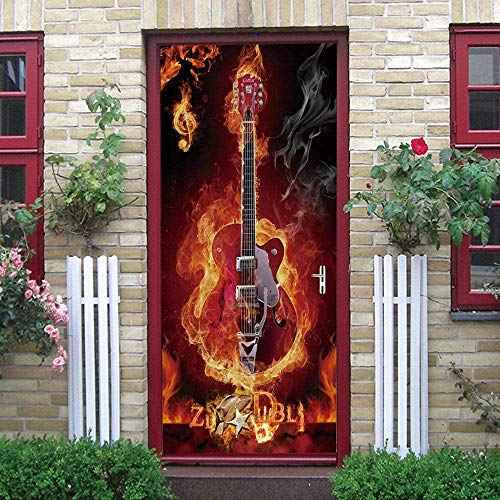 SdmmDa 3D Kreative Türaufkleber Fototapete Türtapete Selbstklebend Türposter - Abnehmbar Türfolie Poster 95x215cm Flamme Musik Rock Gitarre PVC Türfolie Schlafzimmer Wohnzimmer Küche Home Deko von SdmmDa