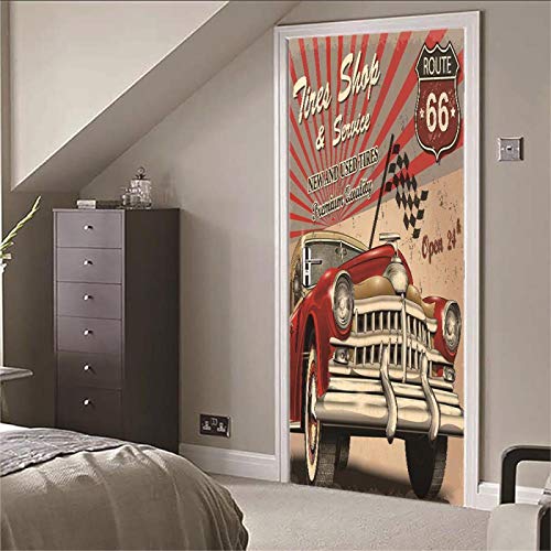 SdmmDa türfolie selbstklebend 3D türaufkleber PVC wasserdichte Abnehmbare türtapete 77x200cm Retro rot amerikanisch Auto Kunst Poster DIY Kreative wandaufkleber 90x210cm Home Dekoration wandtattoo von SdmmDa