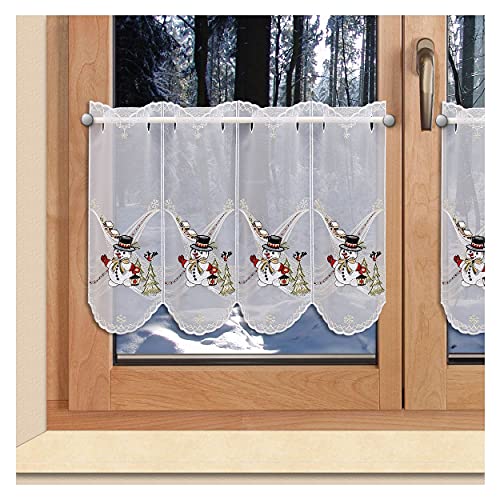 Bestickte Scheibengardine Fröhlicher Schneemann mit Vögelchen Winter- und Weihnachtsdeko aus Plauener Spitze 40 x 64 cm von SeGaTeX home fashion