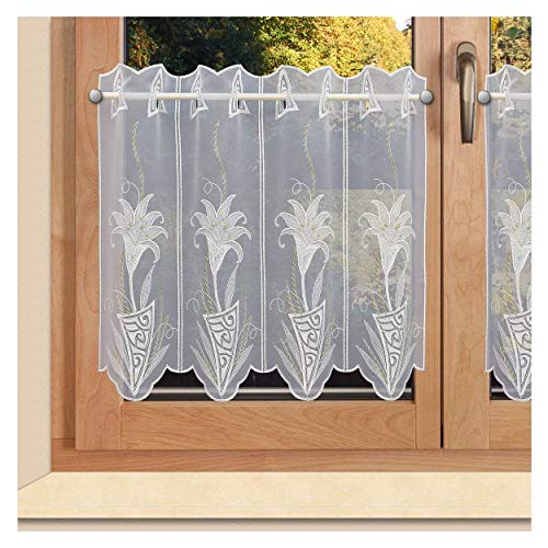 Bestickte Scheibengardine Lilie aus Vogtländischer Spitze - Moderner Kurzstore Ornament-Stickerei weiß-grün | Hochwertiger Scheibenhänger mit Blumen-Motiv | Panneaux Blüte Höhe x Breite 50 x 96 cm von SeGaTeX home fashion