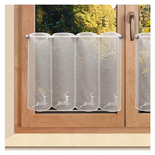 Landhaus Scheibengardine Heinrich Hirsch - bestickter Scheibenhänger in Natur | Rustikale Kurzgardine Tiermotiv | Halbtransparente Bistrogardine leicht strukturiert beige | Höhe x Breite 45 x 128 cm von SeGaTeX home fashion