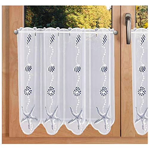 Maritime Scheibengardine Muschel und Seestern Vogtländische Spitze - Badgardine Unterwasser-Motiv in blau-weiß | Scheibenhänger Badezimmer & Ferienwohnung | Kurzgardine Höhe x Breite 50 x 176 cm von SeGaTeX home fashion