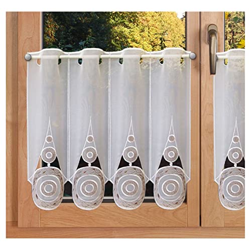 Moderne Scheibengardine Circle in weiß-braun aus echter Plauener Spitze bestickter Scheibenhänger Panneau 45 x 128 cm von SeGaTeX home fashion