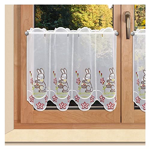 Scheibengardine Osterhase mit Körbchen und Blumen Echte Plauener Spitze Frühlings-Scheibenhänger 40 x 112 cm von SeGaTeX home fashion