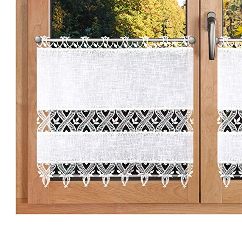 Scheibenhänger Landhausstil Rebecca hochwertige Vogtländische Spitze | Scheibengardine mit Käseleinen-Struktur weiß und Spitzenbesatz | feine, zeitlose Blatt- und Ornament-Stickerei HxB 60 x 110 von SeGaTeX home fashion
