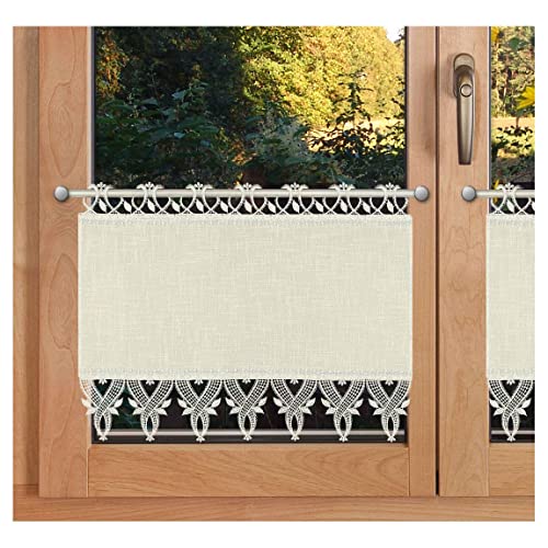 Scheibenhänger Landhausstil Ronja sekt hochwertige Vogtländische Spitze | Scheibengardine mit Käseleinen-Struktur ecru und Spitzenbesatz | feine, zeitlose Blatt- und Ornament-Stickerei HxB 40 x 102 von SeGaTeX home fashion
