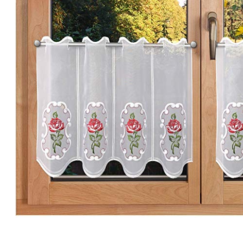 Scheibengardine Rose in Rot aus Vogtländischer Stickerei - Klassische Kurzgardine mit Blume | Spitzen-Panneau Blüte im Ornamt-Rahmen | Halbtransparenter Scheibenhänger Höhe x Breite 40 x 144 cm von SeGaTeX home fashion