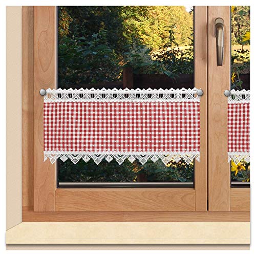 SeGaTeX home fashion Landhaus Scheibengardine Leni in Rot mit Karo-Muster, kleinen Herzen und echter Plauener Spitze 27 cm Höhe von SeGaTeX home fashion