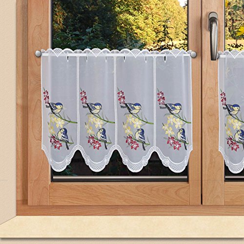 SeGaTeX home fashion Scheibengardine Vögel auf Blumenzweig Scheibenhänger mit farbig gesticketer Plauner Spitze 40 x 112 cm von SeGaTeX home fashion