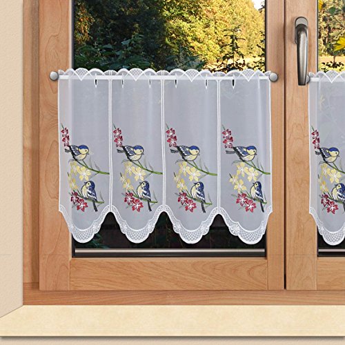 SeGaTeX home fashion Scheibengardine Vögel auf Blumenzweig Scheibenhänger mit farbig gesticketer Plauner Spitze 40 x 128 cm von SeGaTeX home fashion