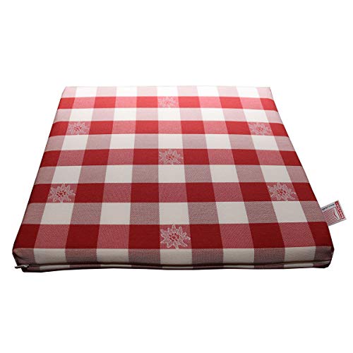 Sitzkissen Karo mit Edelweiß in Rot | 1 Stück Stuhlkissen komplett mit Schaumstoff-Füllung 35 x 38 x 3,5 cm | passende Landhaus-Serie - langlebig, rot-weiß kariert aus Webstoff mit Reißverschluss von SeGaTeX home fashion
