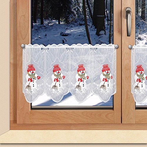 SeGaTeX home fashion Weihnachts-Scheibengardine Kleiner Schneemann mit Besen Wintergardine Plauener Stickerei von SeGaTeX home fashion