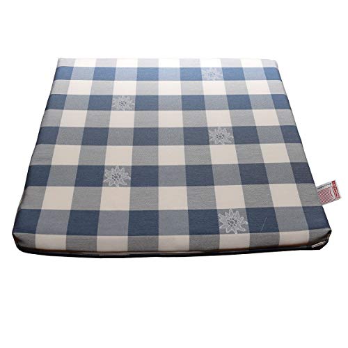 Sitzkissen Karo mit Edelweiß in Blau | 1 Stück Stuhlkissen komplett mit Schaumstoff-Füllung 35 x 38 x 3,5 cm | passende Landhaus-Serie - langlebig, blau-weiß kariert aus Webstoff mit Reißverschluss von SeGaTeX home fashion