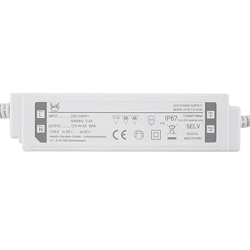 SeKi 12V DC 60W 5,0A Konstantspannungs LED Treiber; IP67 wassergeschützt Trafo, Netzteil, Transformator, Schaltnetzteil; keine Mindestlast, kein Rauschen/LED-Flimmern, MM Zulassung von SeKi