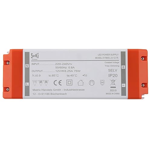 SeKi 12V DC 75W 6,25A Konstantspannungs LED Treiber TRIAC Dimmbar, Transformator, Schaltnetzteil; keine Mindestlast, kein Rauschen/LED-Flimmern, MM Zulassung SeKi 12V DC 75W 6,25A Konstantspannungs LED Treiber TRIAC Dimmbar, Transformator, Schaltnetzteil; keine Mindestlast, kein Rauschen/LED-Flimmern, MM Zulassung von SeKi