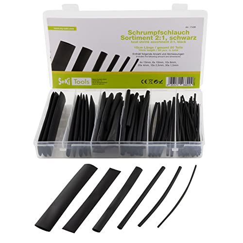 SeKi Warmschrumpfschlauch 2:1 Teile Black Schrumpfschlauch Sortiment in der Farbe Schwarz 80-teilig in 6 Größen (30 x 1, 10 x 2,5mm, 20 x 4mm, 10 x 6mm, 6 x 10mm, 4 x 13mm) je 10cm Lang von SeKi