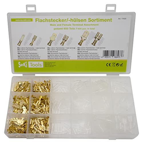 SeKi 17420 Flachsteckhülsen 600-teilig 2,8mm 4,8mm und 6,3mm Flachsteckverbinder Flachstecker Steckverbinder männlich + weiblich inkl. Schutztülle Flacksteckverbinder Sortiment, ohne von SeKi