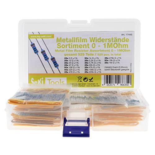 SeKi Widerstände Sortiment 525 Stück 0,25 Watt bedrahtet von 0 Ohm-1M Ohm 17 Verschiedene Typen kompatibel mit Steckbrettern Metallschicht von SeKi