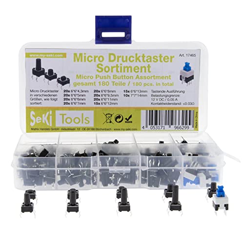 SeKi Mikrotaster 4-Pin Sortiment 180 teilig, 10 Verschiedene Abmessungen-Tastende Ausführung Drucktaster Druckschalter von SeKi