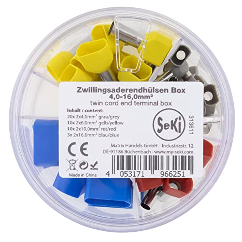 SeKi Zwillingsaderendhülsen Sortiment Streudose isoliert 45-teilig 4,0-16,0mm² (20x 2x4,0mm² grau, 10x 2x6,0mm² gelb, 10x 2x10,0mm² rot, 5x 2x16,0mm², blau) Aderendhülsen von SeKi