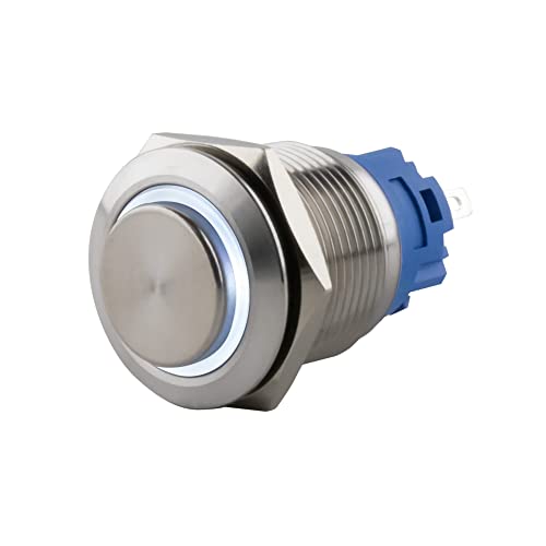 SeKi Edelstahl Druckschalter Ø16mm rastend hervorstehender Kopfform farbig beleuchtetem LED Ring in weiss Lötösen/Flachstecker 0,5x2,8 Anschluss von SeKi