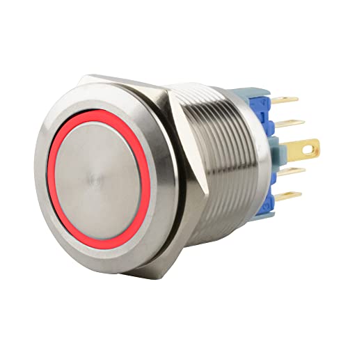 SeKi Edelstahl Druckschalter Ø22mm rastend flacher Kopfform farbig beleuchtetem LED Ring in rot Lötösen/Flachstecker 0,5x2,8 Anschluss von SeKi