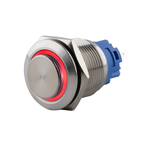 SeKi Edelstahl Druckschalter Ø16mm rastend hervorstehender Kopfform farbig beleuchtetem LED Ring in rot Lötösen/Flachstecker 0,5x2,8 Anschluss von SeKi