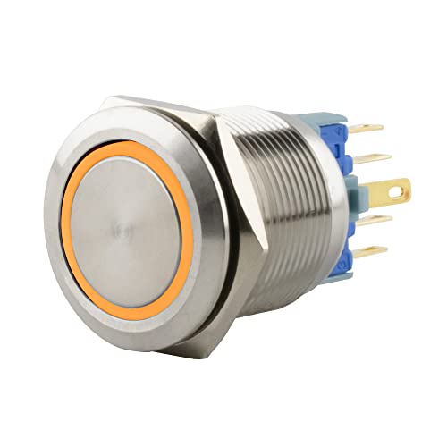 SeKi Edelstahl Druckschalter Ø22mm rastend flacher Kopfform farbig beleuchtetem LED Ring in gelb Lötösen/Flachstecker 0,5x2,8 Anschluss von SeKi