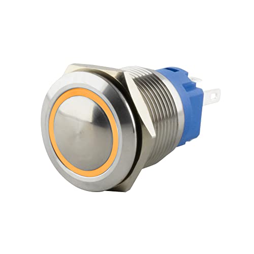 SeKi Edelstahl Drucktaster Ø16mm tastend gewölbter Kopfform farbig beleuchtetem LED Ring in gelb Lötösen / Flachstecker 0,5x2,8 Anschluss; Klingeltaster von SeKi