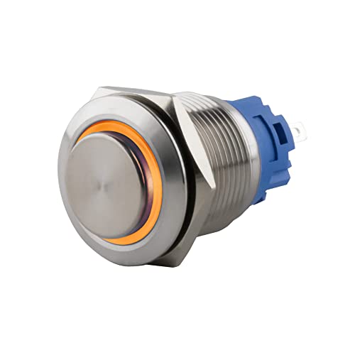 SeKi Edelstahl Drucktaster Ø16mm tastend hervorstehender Kopfform farbig beleuchtetem LED Ring in gelb Lötösen / Flachstecker 0,5x2,8 Anschluss; Klingeltaster von SeKi