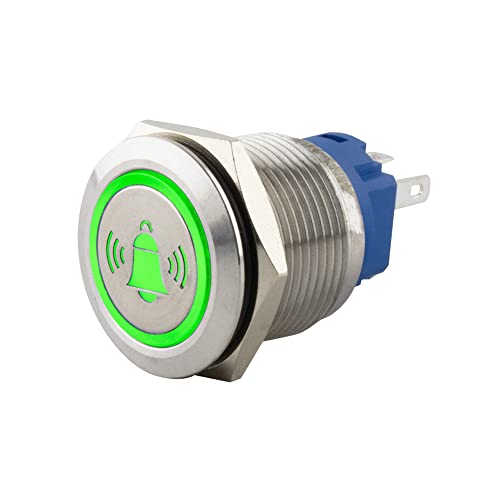 SeKi Edelstahl Drucktaster Ø19mm tastend flacher Kopfform farbig beleuchtetem Glocken Symbol in grün Lötösen / Flachstecker 0,5x2,8 Anschluss; Klingeltaster von SeKi