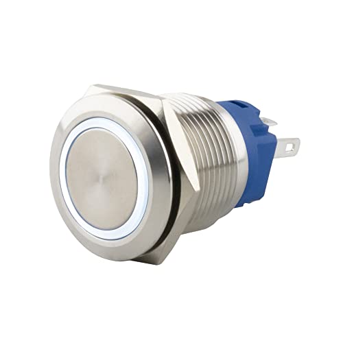SeKi Edelstahl Drucktaster Ø19mm tastend flacher Kopfform farbig beleuchtetem LED Ring in weiss Lötösen / Flachstecker 0,5x2,8 Anschluss; Klingeltaster von SeKi