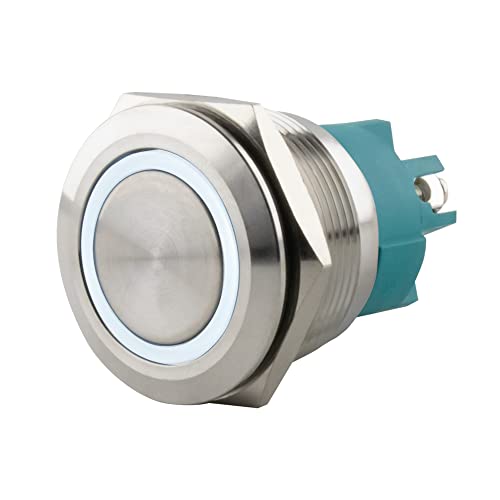 SeKi Edelstahl Drucktaster Ø25mm tastend flacher Kopfform farbig beleuchtetem LED Ring in weiss Schraubanschluss; Klingeltaster von SeKi