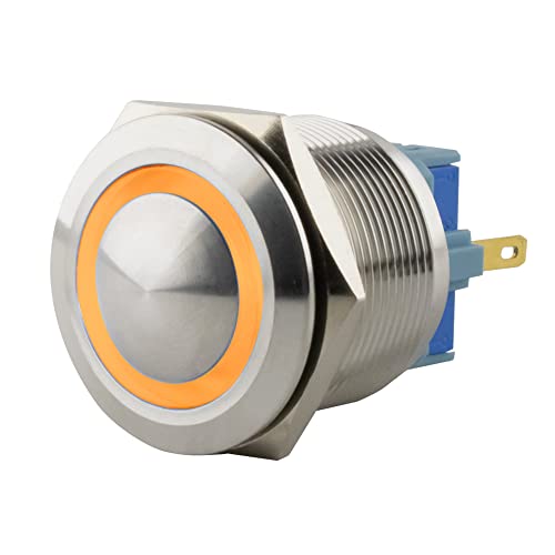 SeKi Edelstahl Drucktaster Ø25mm tastend gewölbter Kopfform farbig beleuchtetem LED Ring in gelb Lötösen / Flachstecker 0,5x2,8 Anschluss; Klingeltaster von SeKi