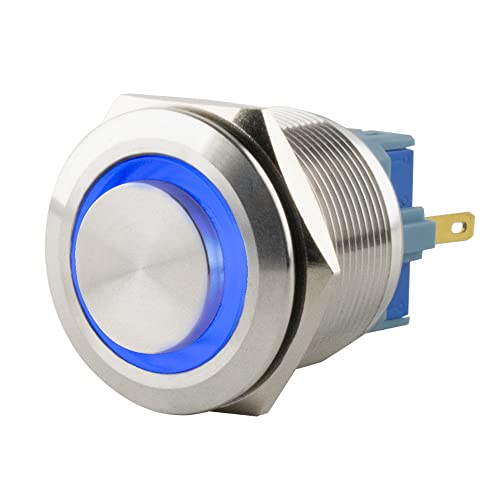 SeKi Edelstahl Drucktaster Ø25mm tastend hervorstehender Kopfform farbig beleuchtetem LED Ring in blau Lötösen / Flachstecker 0,5x2,8 Anschluss; Klingeltaster von SeKi