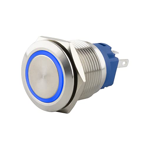 SeKi Edelstahl Drucktaster Ø16mm tastend flacher Kopfform farbig beleuchtetem LED Ring in blau Lötösen / Flachstecker 0,5x2,8 Anschluss; Klingeltaster von SeKi