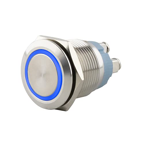 SeKi Edelstahl Drucktaster Ø16mm tastend flacher Kopfform farbig beleuchtetem LED Ring in blau Schraubanschluss; Klingeltaster von SeKi