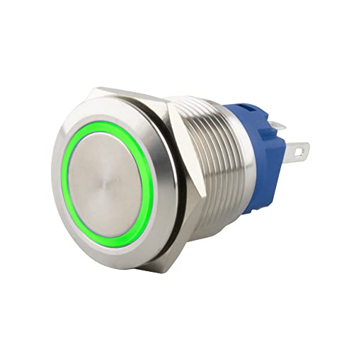 SeKi Edelstahl Drucktaster Ø16mm tastend flacher Kopfform farbig beleuchtetem LED Ring in grün Lötösen / Flachstecker 0,5x2,8 Anschluss; Klingeltaster von SeKi