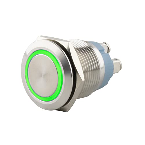 SeKi Edelstahl Drucktaster Ø16mm tastend flacher Kopfform farbig beleuchtetem LED Ring in grün Schraubanschluss; Klingeltaster von SeKi