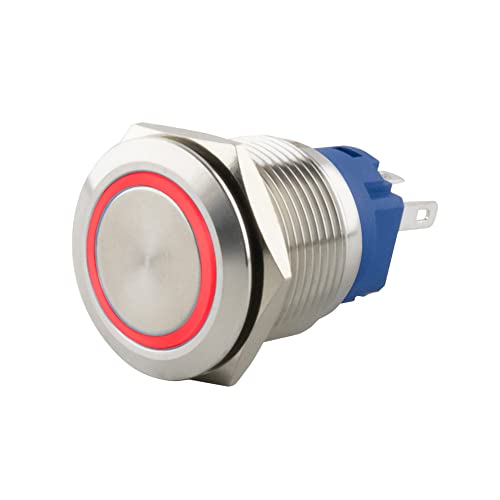 SeKi Edelstahl Drucktaster Ø16mm tastend flacher Kopfform farbig beleuchtetem LED Ring in rot Lötösen / Flachstecker 0,5x2,8 Anschluss; Klingeltaster von SeKi
