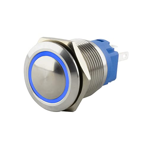SeKi Edelstahl Drucktaster Ø16mm tastend gewölbter Kopfform farbig beleuchtetem LED Ring in blau Lötösen / Flachstecker 0,5x2,8 Anschluss; Klingeltaster von SeKi