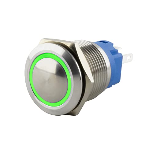 SeKi Edelstahl Drucktaster Ø16mm tastend gewölbter Kopfform farbig beleuchtetem LED Ring in grün Lötösen / Flachstecker 0,5x2,8 Anschluss; Klingeltaster von SeKi