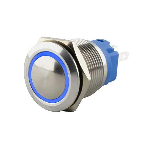 SeKi Edelstahl Drucktaster Ø19mm tastend gewölbter Kopfform farbig beleuchtetem LED Ring in blau Lötösen / Flachstecker 0,5x2,8 Anschluss; Klingeltaster von SeKi
