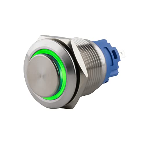 SeKi Edelstahl Drucktaster Ø19mm tastend hervorstehender Kopfform farbig beleuchtetem LED Ring in grün Lötösen / Flachstecker 0,5x2,8 Anschluss; Klingeltaster von SeKi
