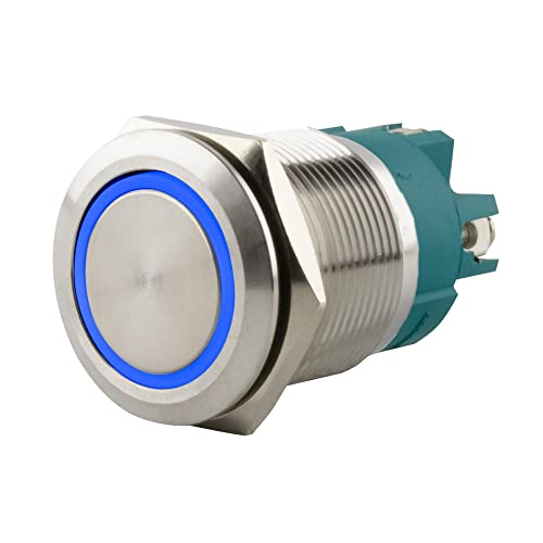 SeKi Edelstahl Drucktaster Ø22mm tastend flacher Kopfform farbig beleuchtetem LED Ring in blau Schraubanschluss; Klingeltaster von SeKi
