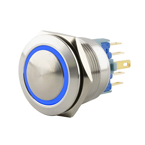 SeKi Edelstahl Drucktaster Ø22mm tastend gewölbter Kopfform farbig beleuchtetem LED Ring in blau Lötösen / Flachstecker 0,5x2,8 Anschluss; Klingeltaster von SeKi