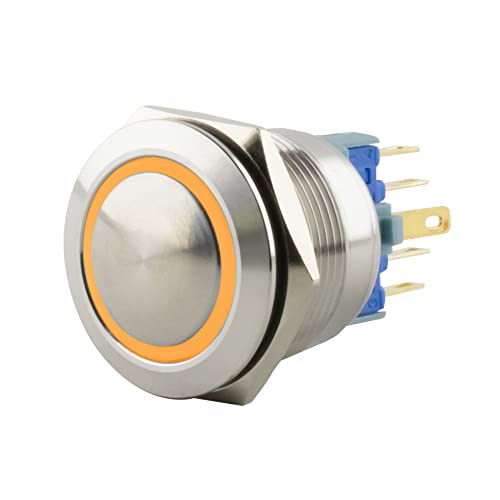 SeKi Edelstahl Drucktaster Ø22mm tastend gewölbter Kopfform farbig beleuchtetem LED Ring in gelb Lötösen / Flachstecker 0,5x2,8 Anschluss; Klingeltaster von SeKi