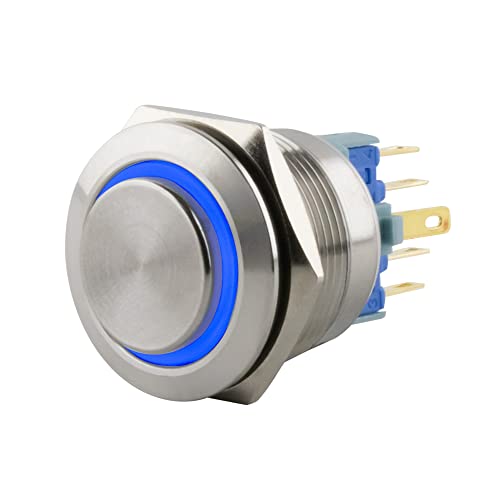 SeKi Edelstahl Drucktaster Ø22mm tastend hervorstehender Kopfform farbig beleuchtetem LED Ring in blau Lötösen / Flachstecker 0,5x2,8 Anschluss; Klingeltaster von SeKi